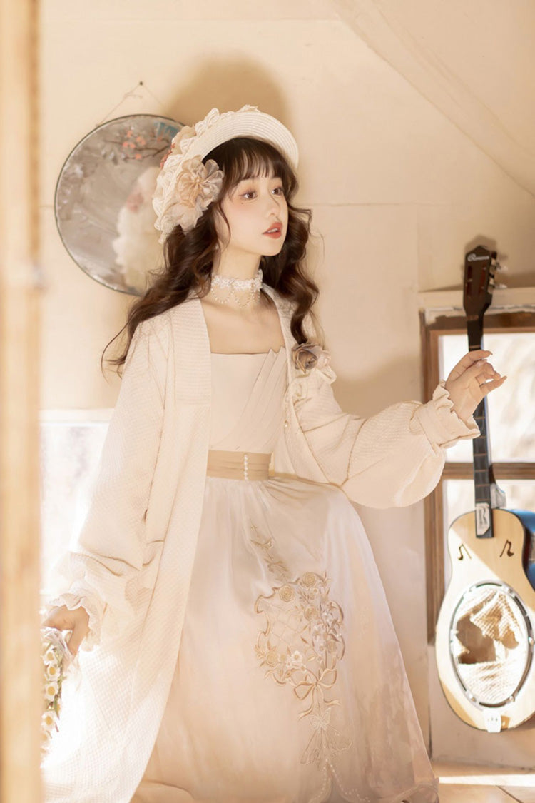 白い中国風のブロンズ花刺繍甘いロリータ Jsk ドレス