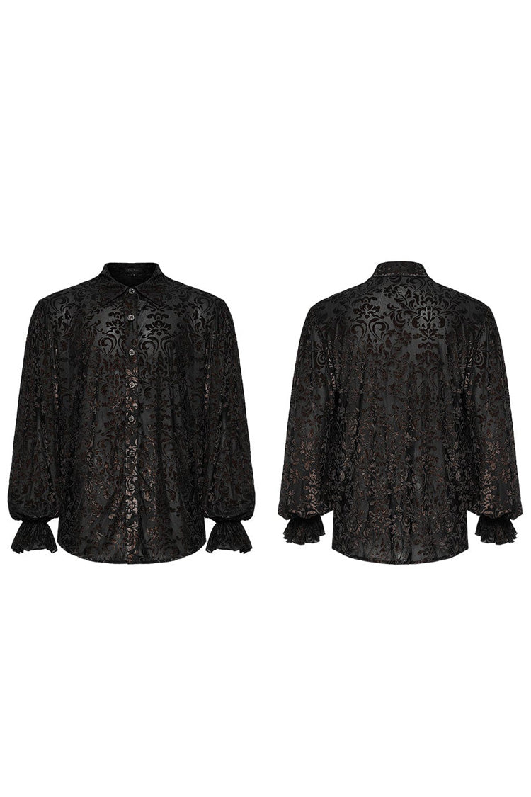 Black Lapel Collar Long Trumpet Sleeves Bronzing Pattern Print Mens Gothic Gorgeous Blouse