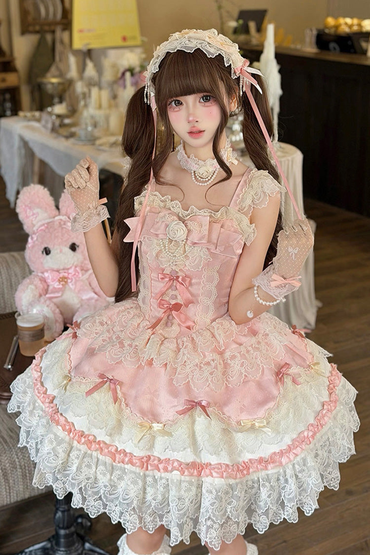 Rosa [Rose Feather Romance] Süßes Lolita JSK-Ballettkleid mit quadratischem Kragen, gerüschter Schleife und Spitze