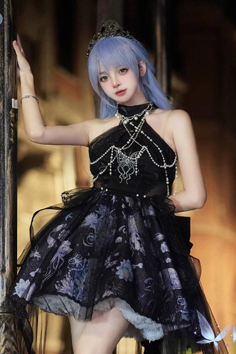 Blue [Deep Sea Jellyfish] Halterneck Sleeveless Print Embroidery Bowknot Lace Sweet Elegant Lolita Jsk Dress