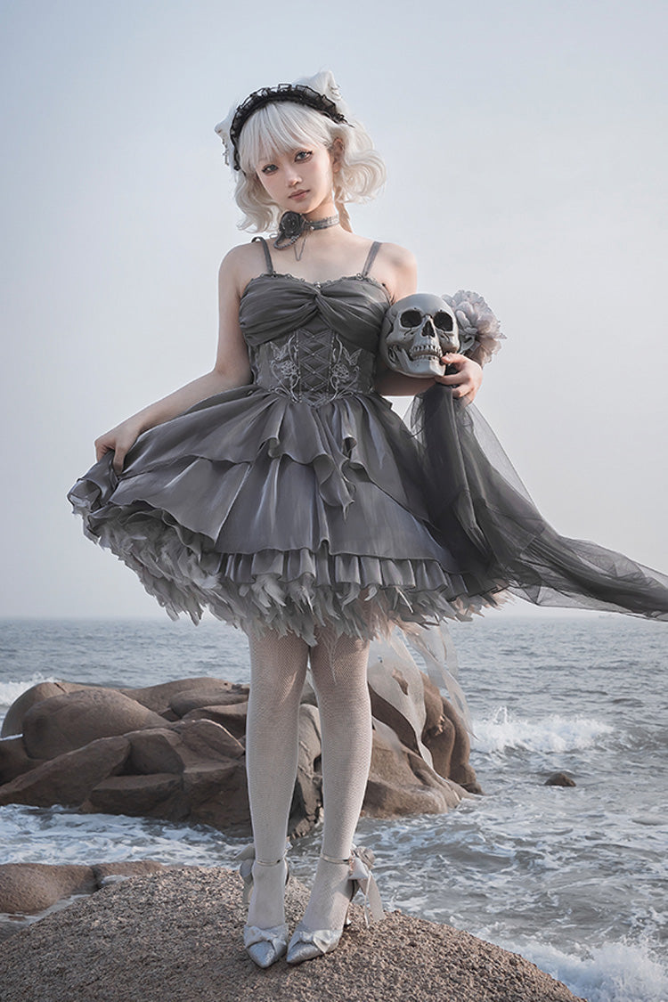 Silbergraues Rüschen-Bowknot-Halbinsel-Eisenbox-Ballett Süßes elegantes Prinzessin-Lolita-Jsk-Kleid