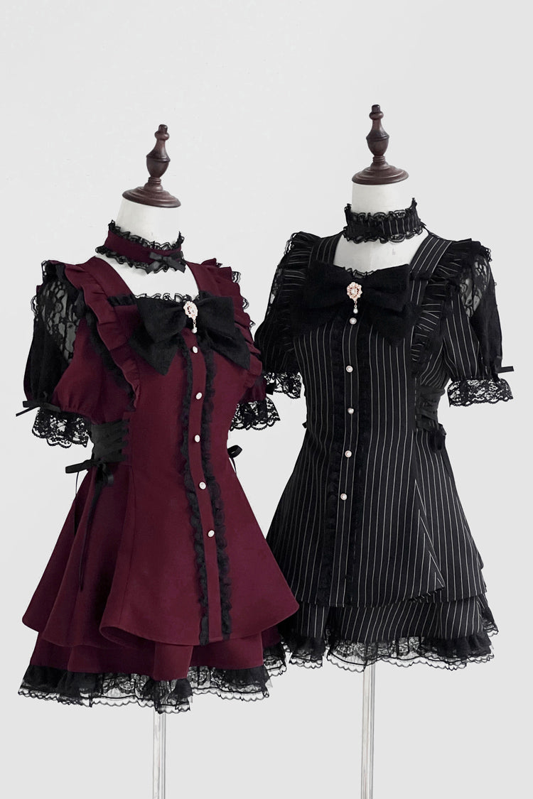 Black [Waltz] Short Sleeves Stripe Print Ruffle Bowknot Gothic Jirai Kei Japanese Dress Set