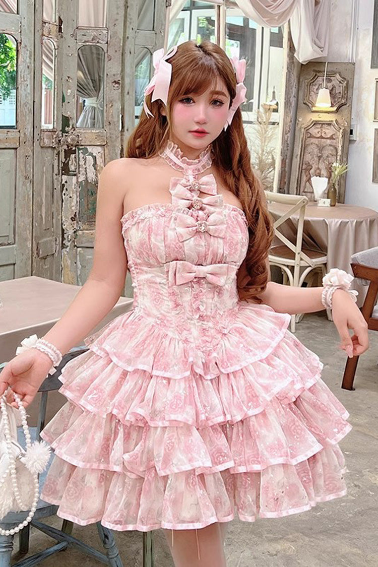Pink [Broken Silver Rose] Halterneck Sleeveless Multi-Layered Ruffle Bowknot Sweet Princess Lolita Tiered Dress