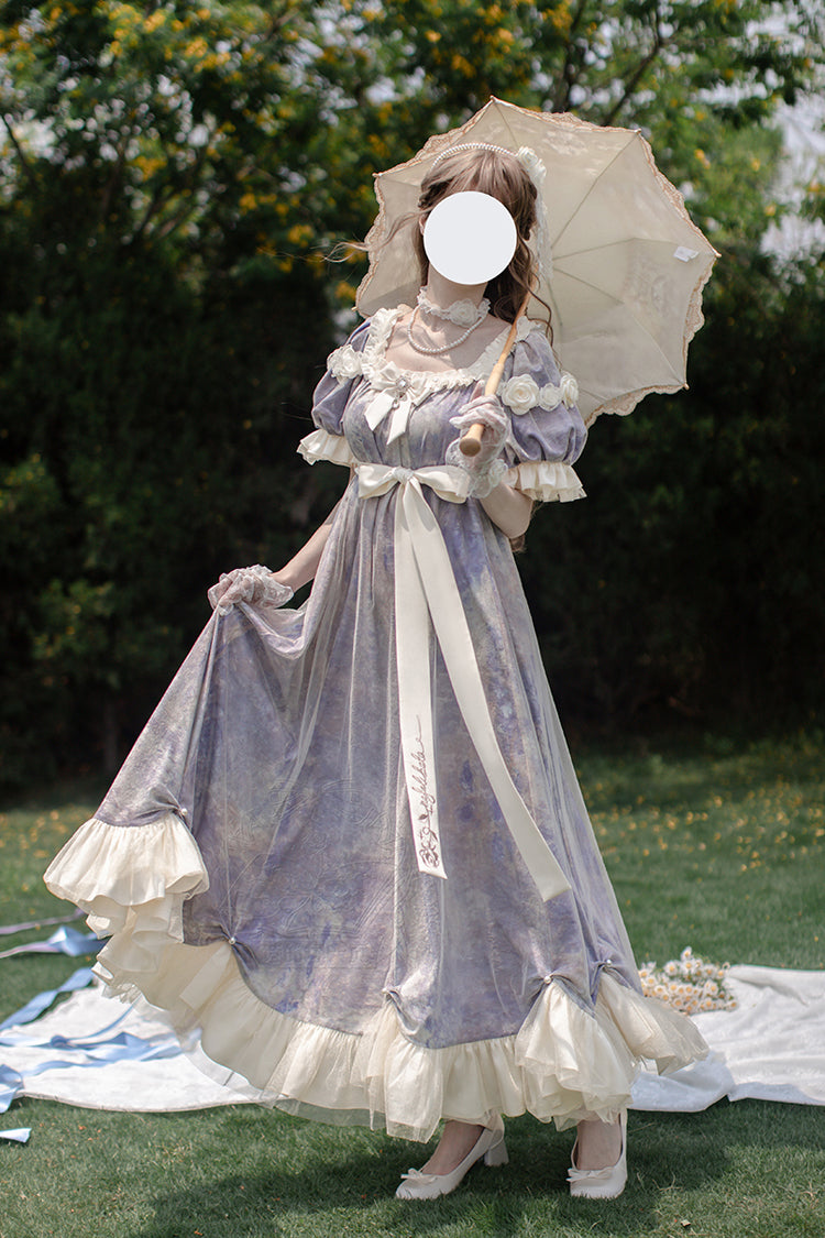 Robe Lolita Princesse Douce à Manches Courtes Imprimée avec Volants et Nœud Papillon [Poème de Peinture à l'Huile Soleil et Lune] Violette 