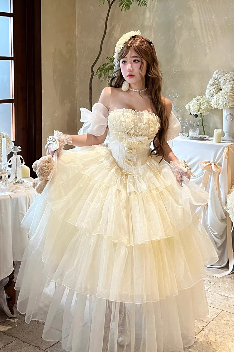 ベージュ【ムースセレナーデ】三段フリル花嫁リボンレーススイートプリンセスロリータストラップレスドレス