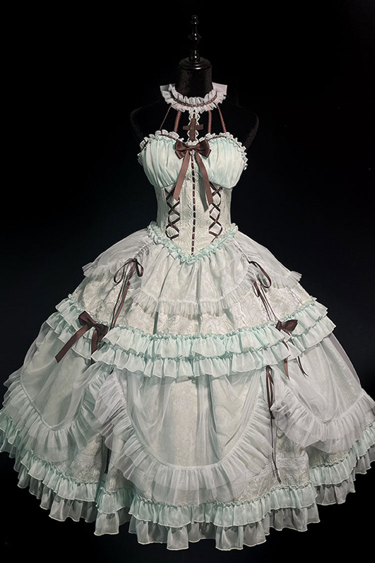 Mint Green Cross Halterneck Ruffle Bowknot Lace Lace-Up Princess Sweet Lolita Dress