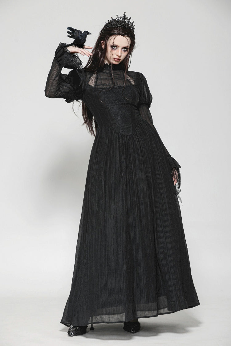 Schwarzes Damen-Maxikleid im Gothic-Stil mit Rüschen, Stehkragen, langen Puffärmeln, Spinnennetz-Splice-Hexen-Maxikleid