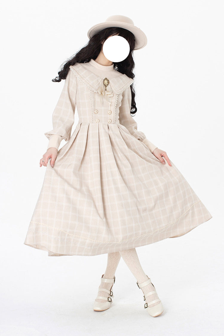 Aprikose [Fontainebleau] Langärmliges, kariertes Schleifenmuster, elegantes, süßes Lolita-Kleid