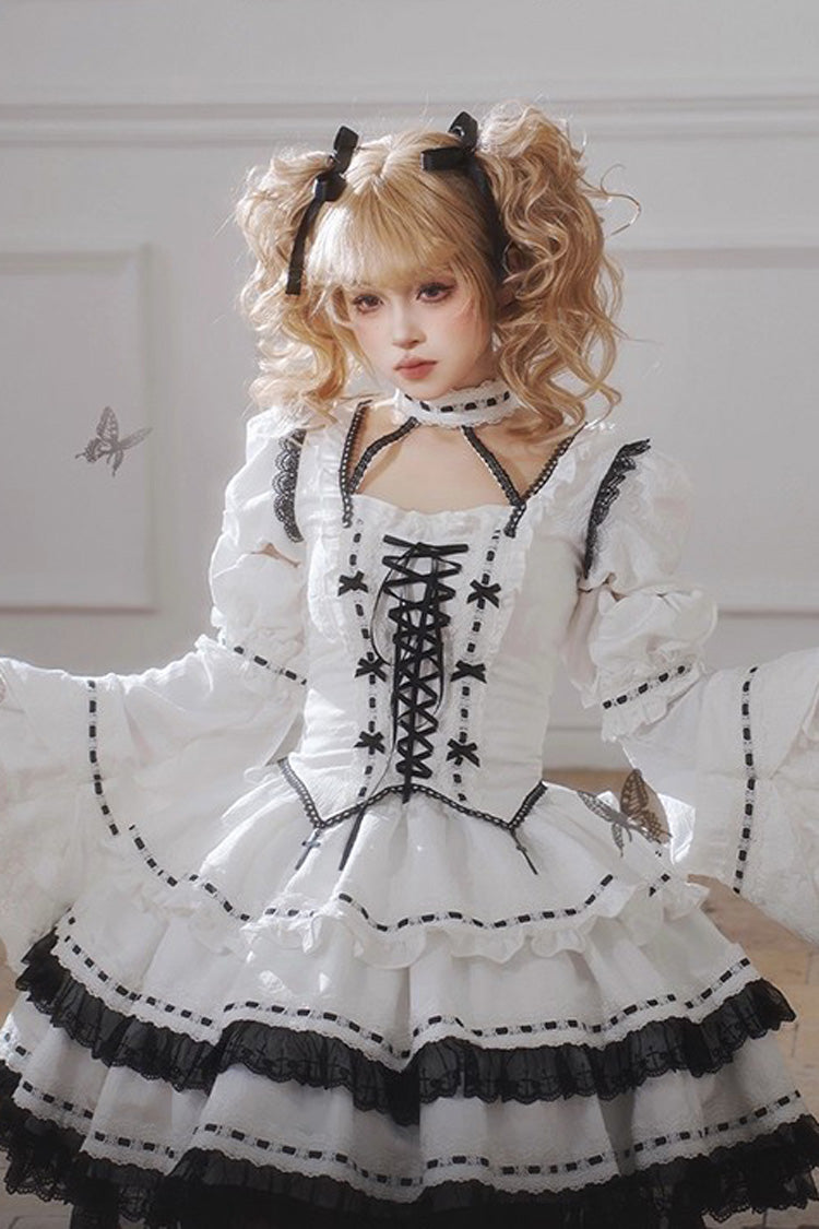 White [Witch] Long Trumpet Sleeves Double-Layered Ruffle Bowknot Lace-Up Gothic Lolita Skirt Dress Set