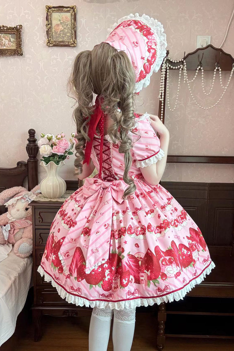 Pink [Strawberry Gift Box] Short Sleeves Print Ruffle Bowknot Lace Sweet Lolita Dress