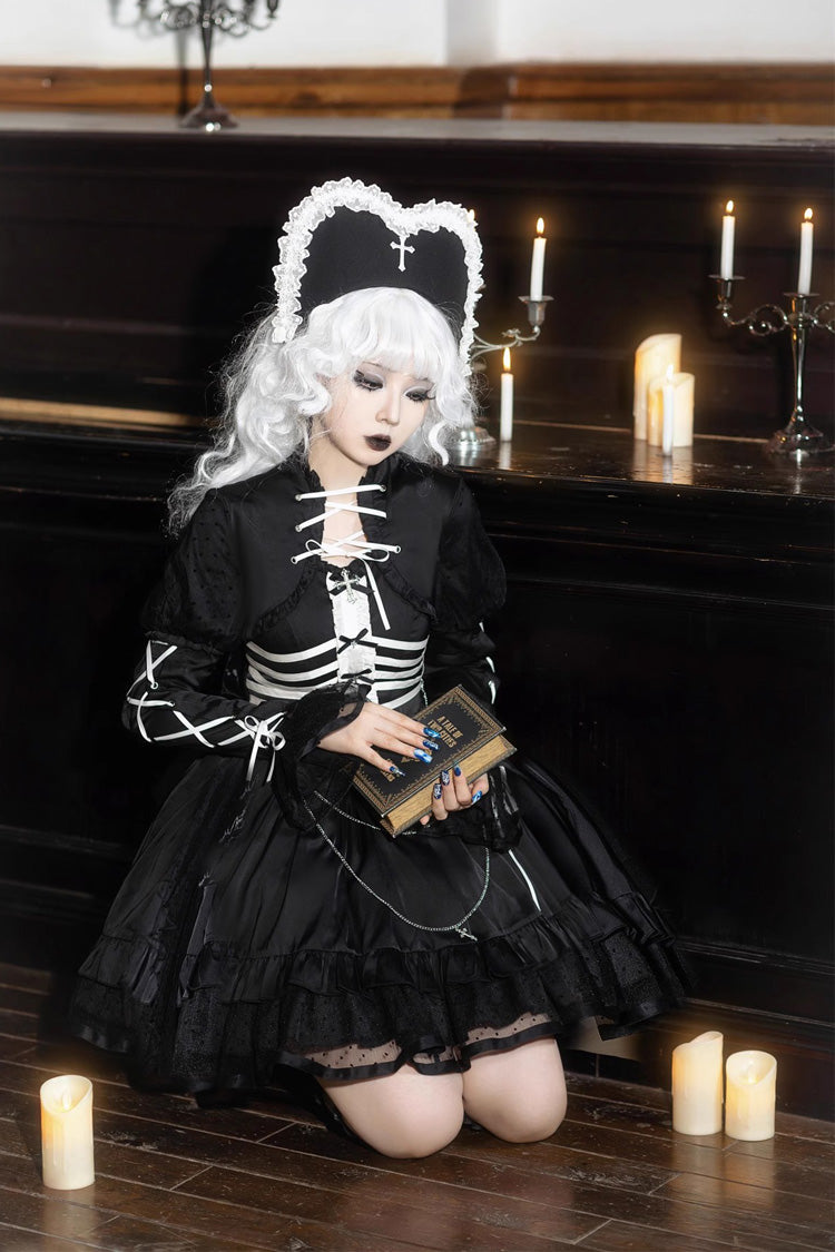 Black Prisoner Illusion Long Sleeves Multi-layer Ruffle Bowknot Gothic Princess Lolita Jsk Dress