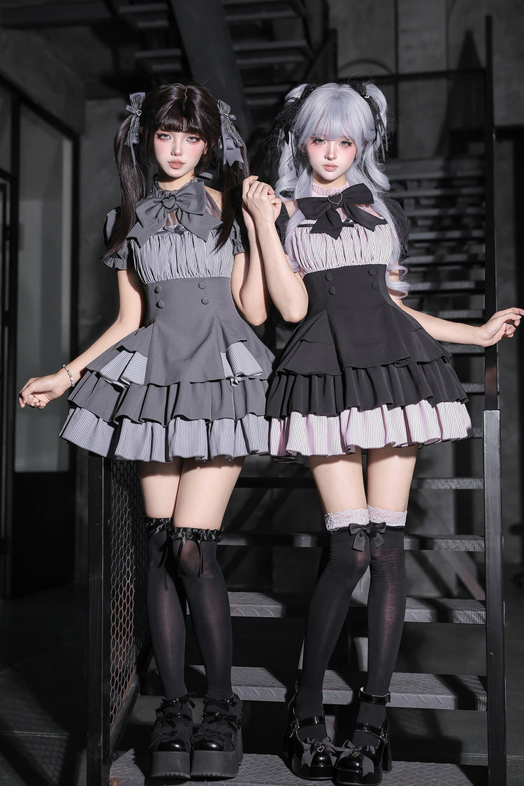 Schwarzes, schulterfreies, kurzes, schulterfreies, kurzes, dreilagiges Schleife-Vintage-Lolita-Kleid mit quadratischem Kragen