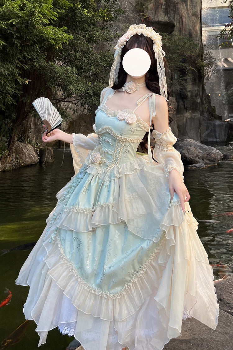 Green [Tea Bamboo Song] Sleeveless Jacquard Ruffle Bowknot Lace Irregular Sweet Chinese Style Ballet Lolita Jsk Dress Long Version Set