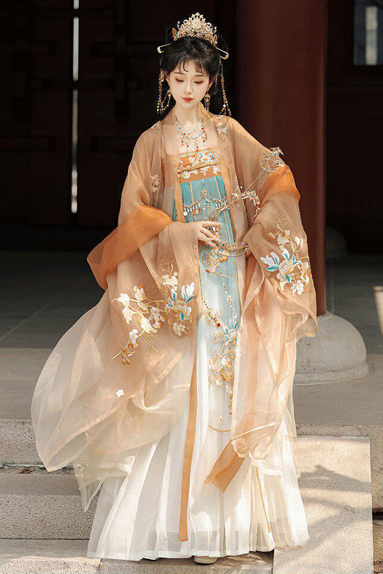 Ensemble de robe Hanfu luxueuse classique brodée taille haute pour femmes, Orange [Brocart nuage et splendeur printanière]