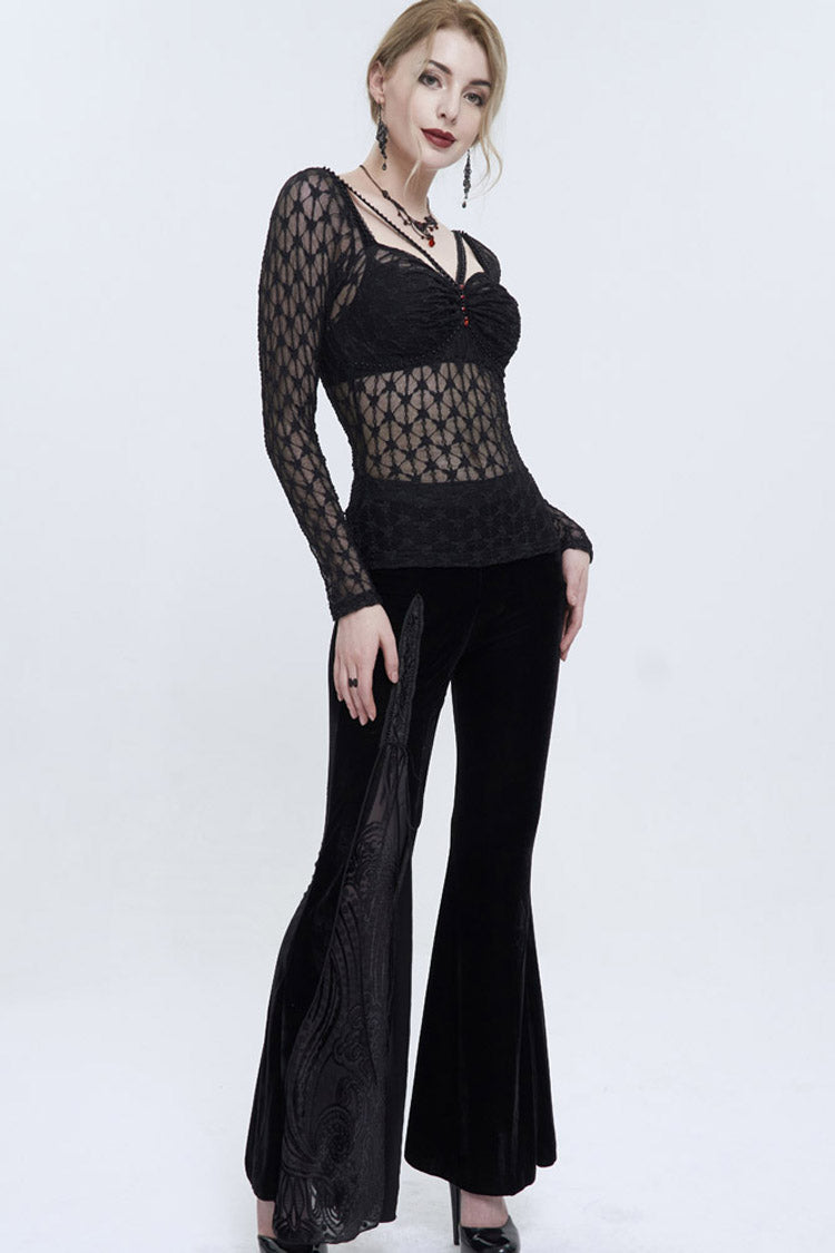 Schwarzes Spitzennetz vorne mit roten Diamanten, transparentes Langarm-Punk-Shirt für Damen