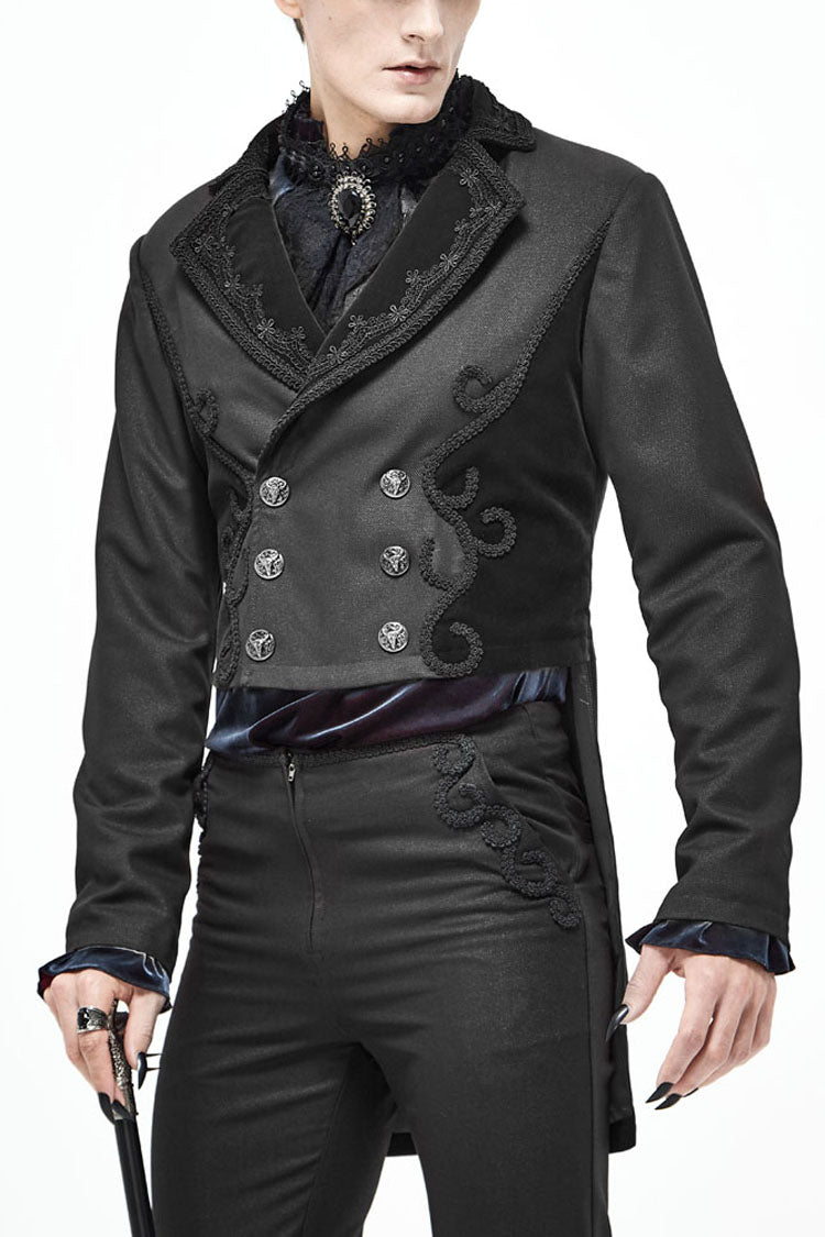 Black Retro Velveteen Front Floral Webbing Metal Button Weft Swallowtail Men's Gothic Coat