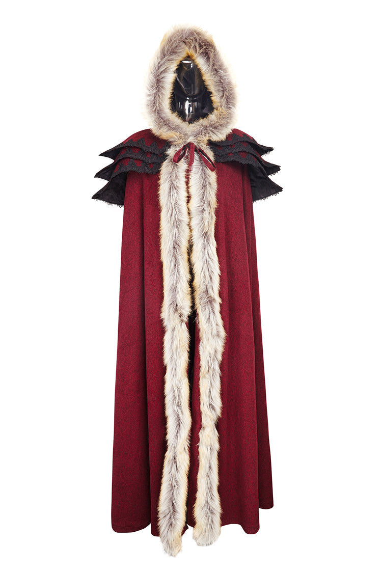 Red Hooded Fur Collar Wool Long Womens Gothic Coat Cloak