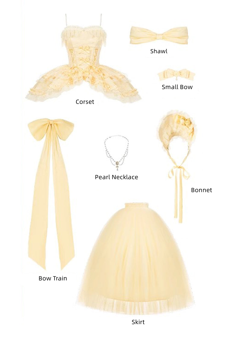 Yellow [Sissi's Pilgrimage] Off Shoulder Ruffle Bowknot Lace Sweet Lolita Skirt (Long Version)