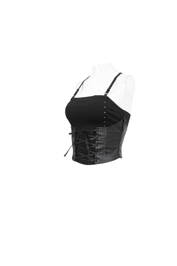 Schwarzes Punk-Bandeau-Camisole aus Strick mit verstellbarer Schnur für Damen