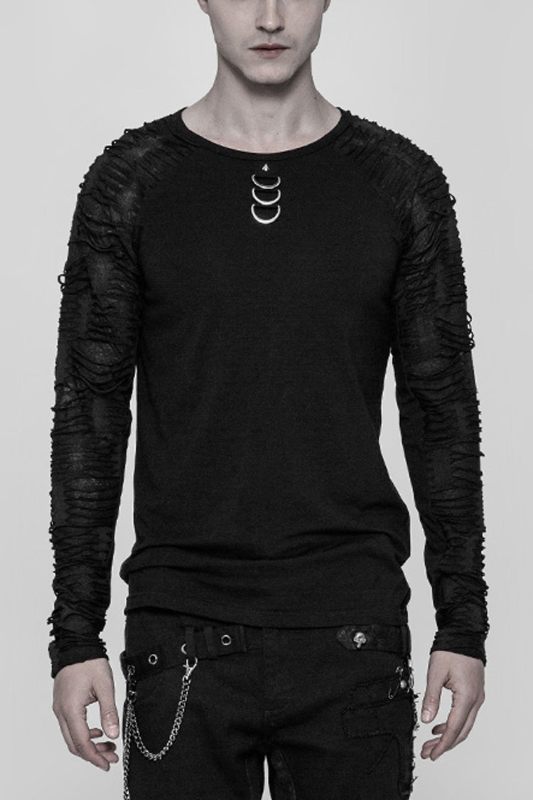 Black Long Sleeves Metal D-Buckle Ripped Men's Steampunk T-Shirt