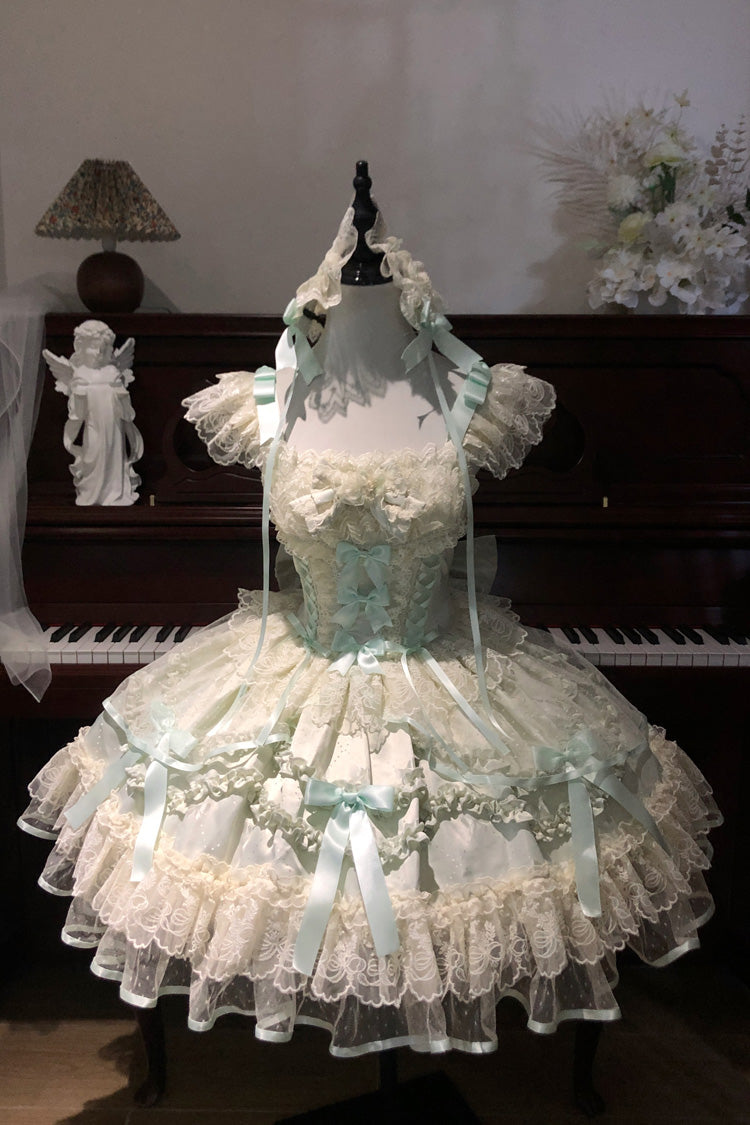 Light Green [Dreaming Butterfly] Multi-Layered Jacquard Ruffle Bowknot Lace Sweet Princess Lolita Jsk Dress