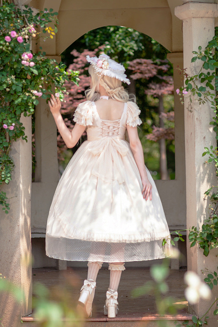 Aprikose [Mondgöttin *Mediana*] Polka Dot Print Rüschen Schleifen Asymmetrisches Süßes Elegantes Lolita Kleid 