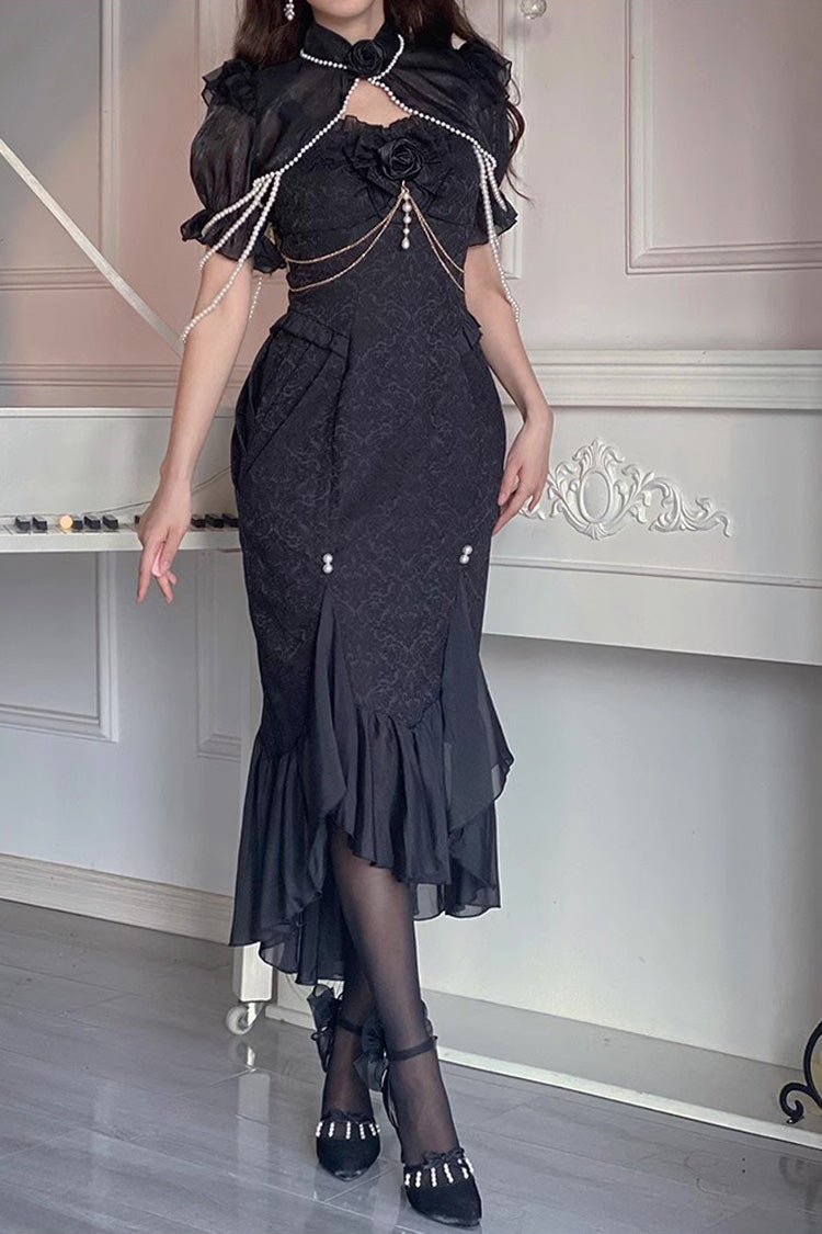 Black [Camellia 1.0] Sleeveless Jacquard Ruffle Lace Gothic Chinese Style Lolita Jsk Fishtail Dress