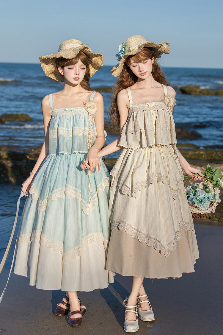[Summer of Bluebells] Square Collar Sleeveless Jacquard Ruffled Asymmetric Sweet Lolita Skirt Set 2 Colors (Blue/Green, Ivory)