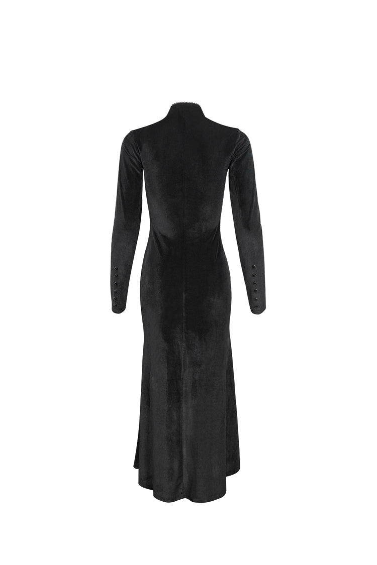 Black Small Stand Collar Cashew Paisley Lace On Chest Mesh Paneled Asymmetrical Hem Long Sleeve Women's Gothic Dress