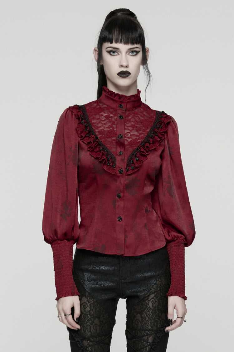 Rote Stehkragen Langarm Puffärmel Rüschen Nähspitze Damen Gothic Bluse 