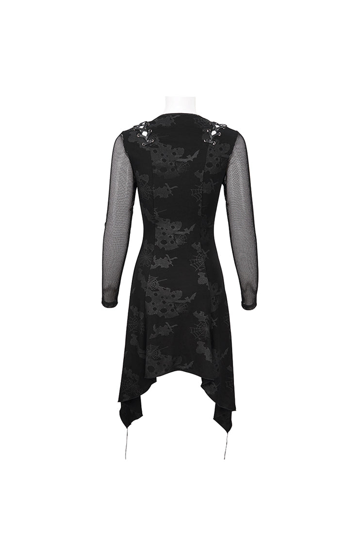 ブラック ショルダー カットアウト タイ ロープ V ネック パターン プリント装飾的な女性のゴシック ドレス