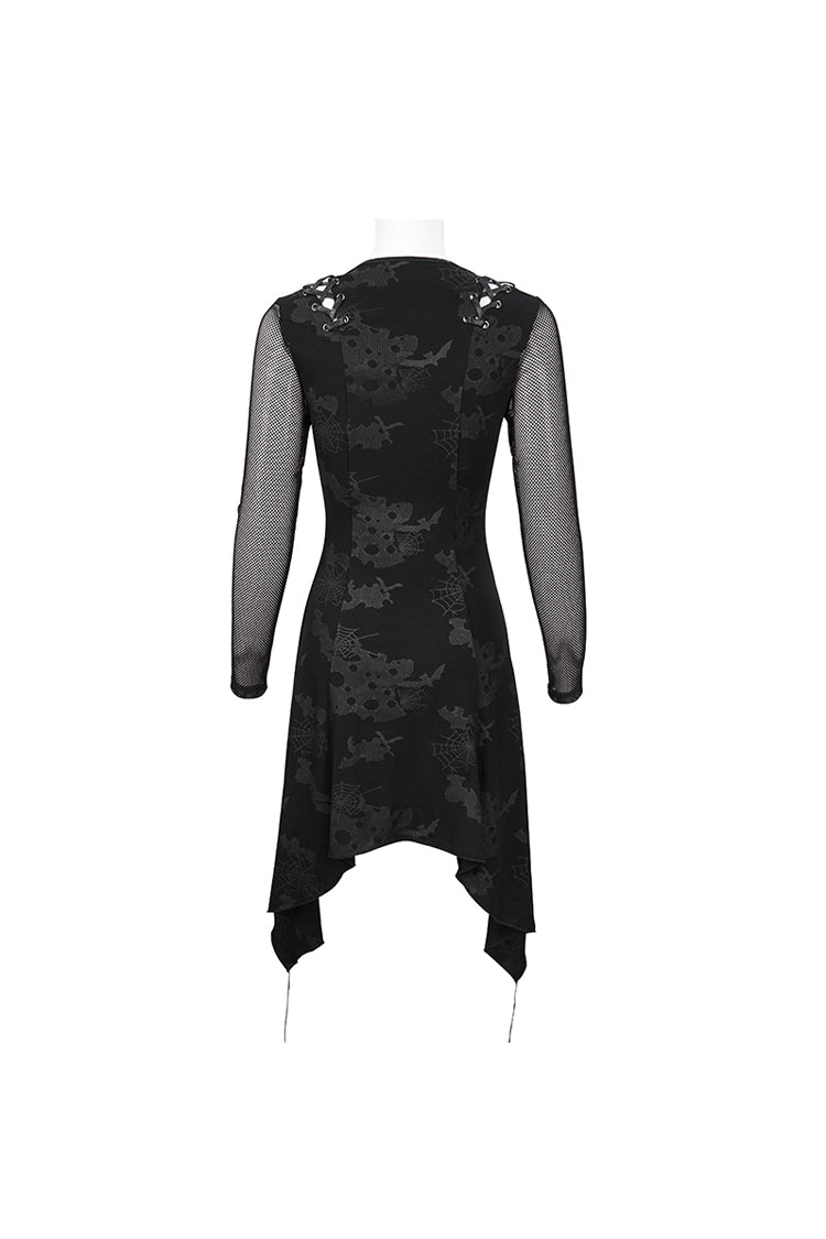 Black Shoulder Cutout Tie Rope V Neck Pattern Print Decorative Women's Gothic Dress