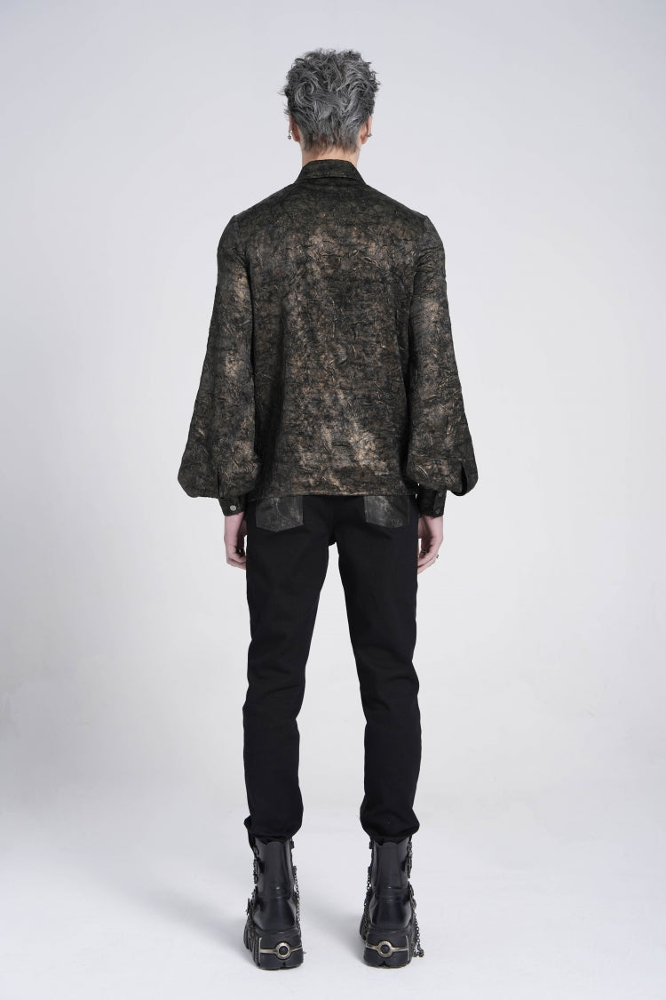 Schwarze Bluse mit Reverskragen, langen Puffärmeln, Kunstleder-Nähten und Kette im Gothic-Stil für Herren 