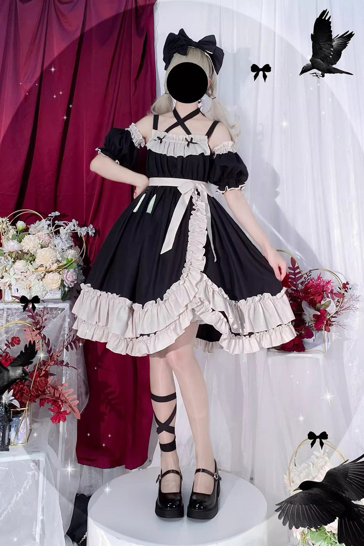 Black [Monet Estate] Sleeveless High Waisted Ruffle Bowknot Asymmetric Gothic Lolita Jsk Dress