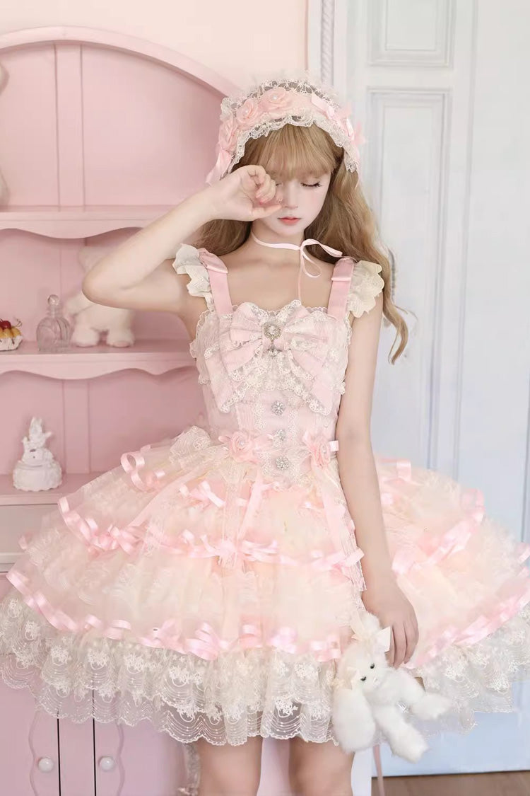 Pink [Rose Feather Waltz] Sleeveless Triple-Layered Ruffle Bowknot Lace Sweet Ballet Lolita Jsk Dress