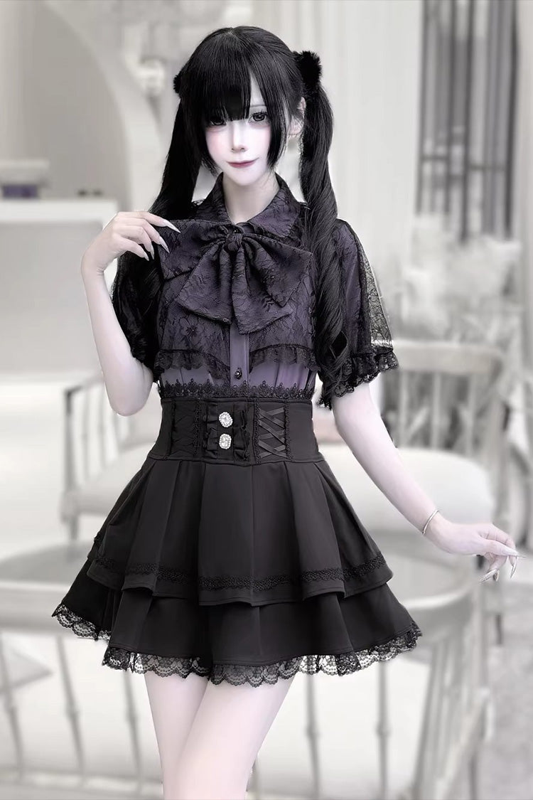 [Dark Moon Shadow] Kurze Ärmel, doppellagiges, gerüschtes, besticktes Schleifen-Schnür-Gothic-Jirai-Kei-Lolita-Top + Rock-Set