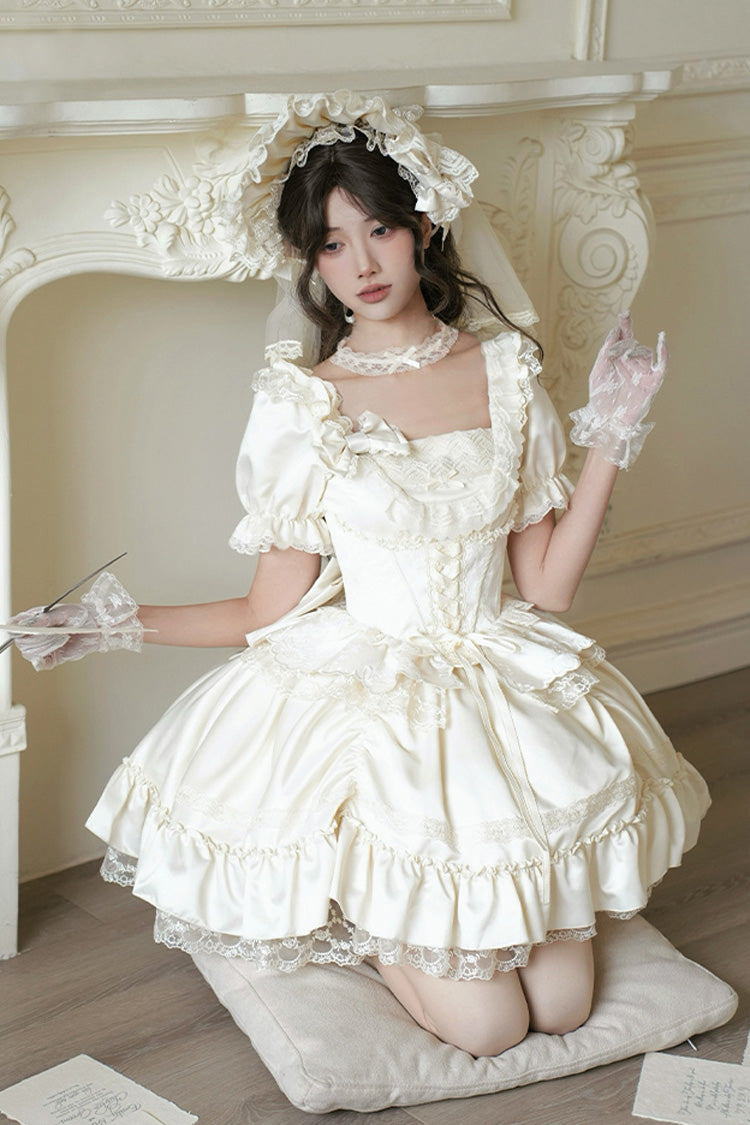 White [Letters and Poems] Square Collar Short Sleeves Ruffle Hanayome Bowknot Sweet Elegant Gorgeous Lolita Dress