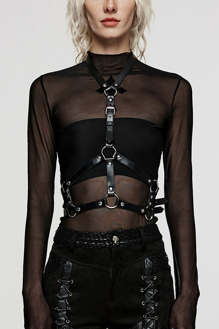 Black Adjustable Cross Metal Ring Buckle Women's Halter Steampunk Body Harness