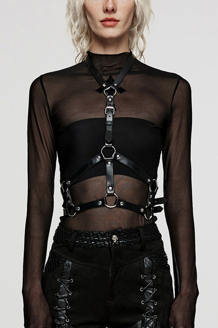 Schwarz verstellbar Kreuz Metall Ring Schnalle Damen Halfter Steampunk Body Harness