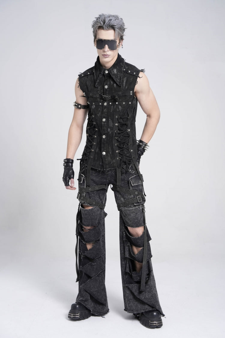 Black Sleeveless Studded Lace-Up Men's Gothic Distressed Vest