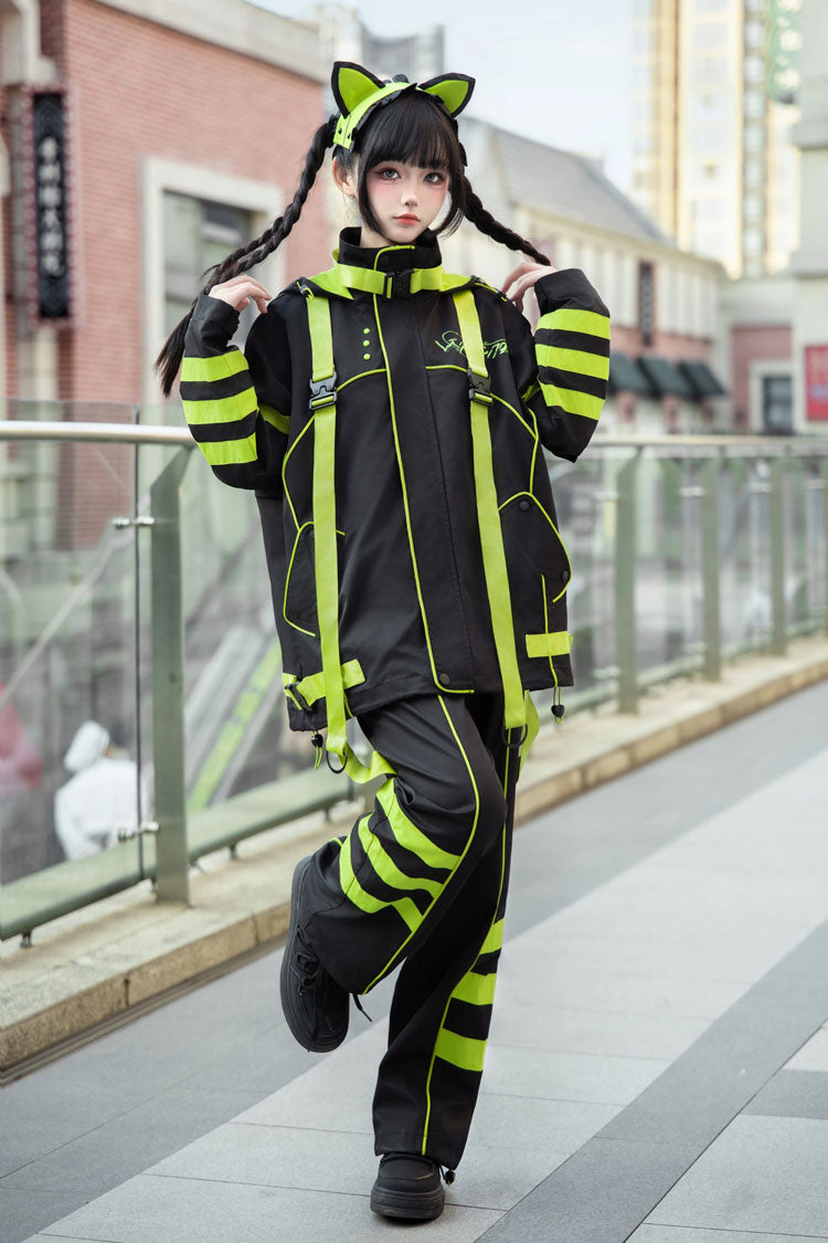 Yellow/Green/Black Long Sleeves Print Cat Ears Hooded Jirai Kei Handsome Coat