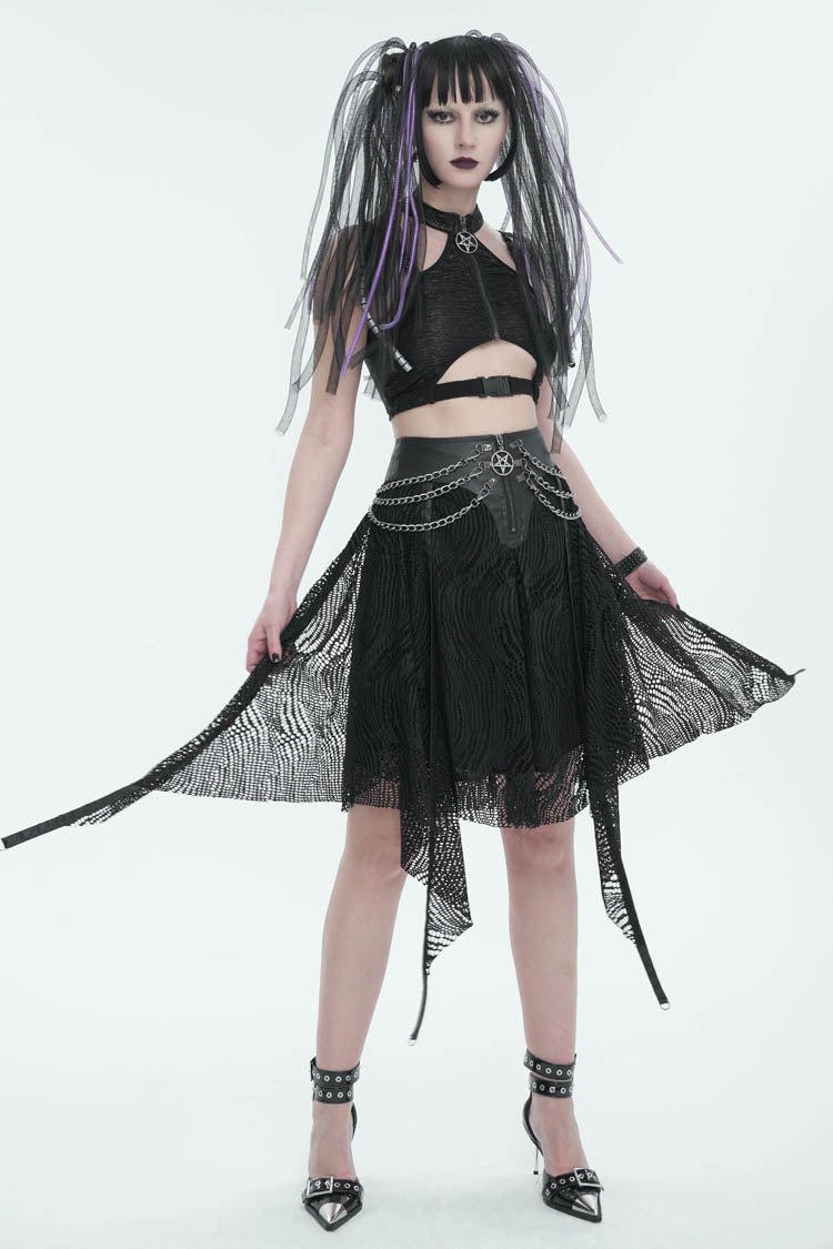 Black Irregular Half Hollow Knit Metal Chain Decorated Women's Punk Skirt
