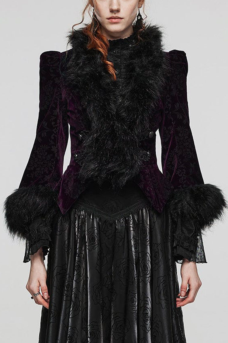 Women's V Collar Long Sleeves Faux Fur Stitching Gothic Coat 4 Colors