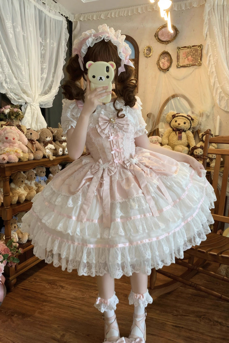 Pink [Snow Kissed Romance] Sleeveless High Waisted Multi-Layered Bowknot Lace Pearl Sweet Ballet Lolita Jsk Dress
