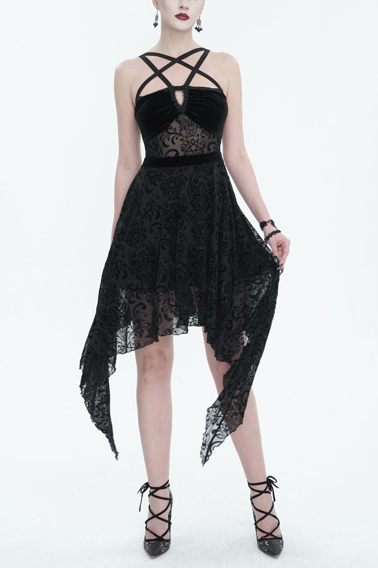 Black Stretch Pentagram Flock Print Sexy Sheer Women's Gothic Dress