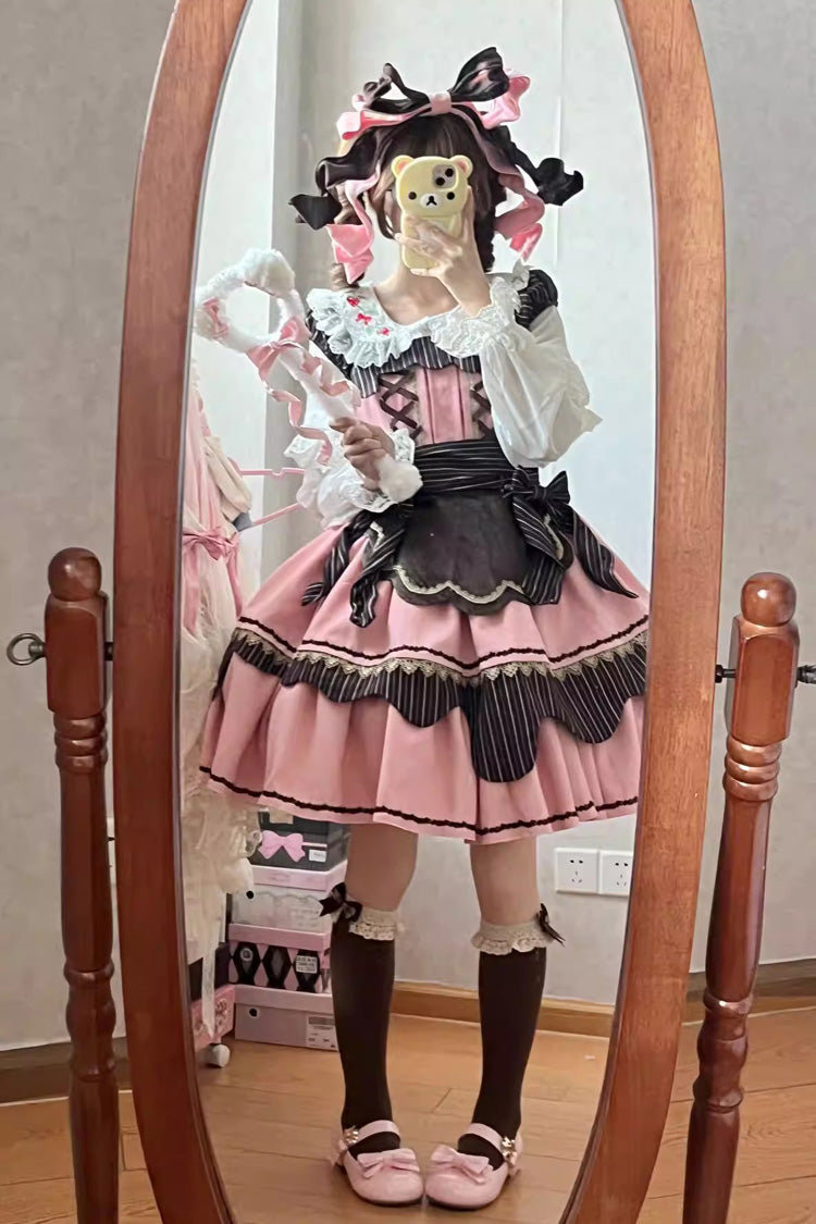 [Strawberry and Mint Chocolate] Double-Layered Printed Bow Lace-Up Irregular Sweet Lolita Dress 2 Colors