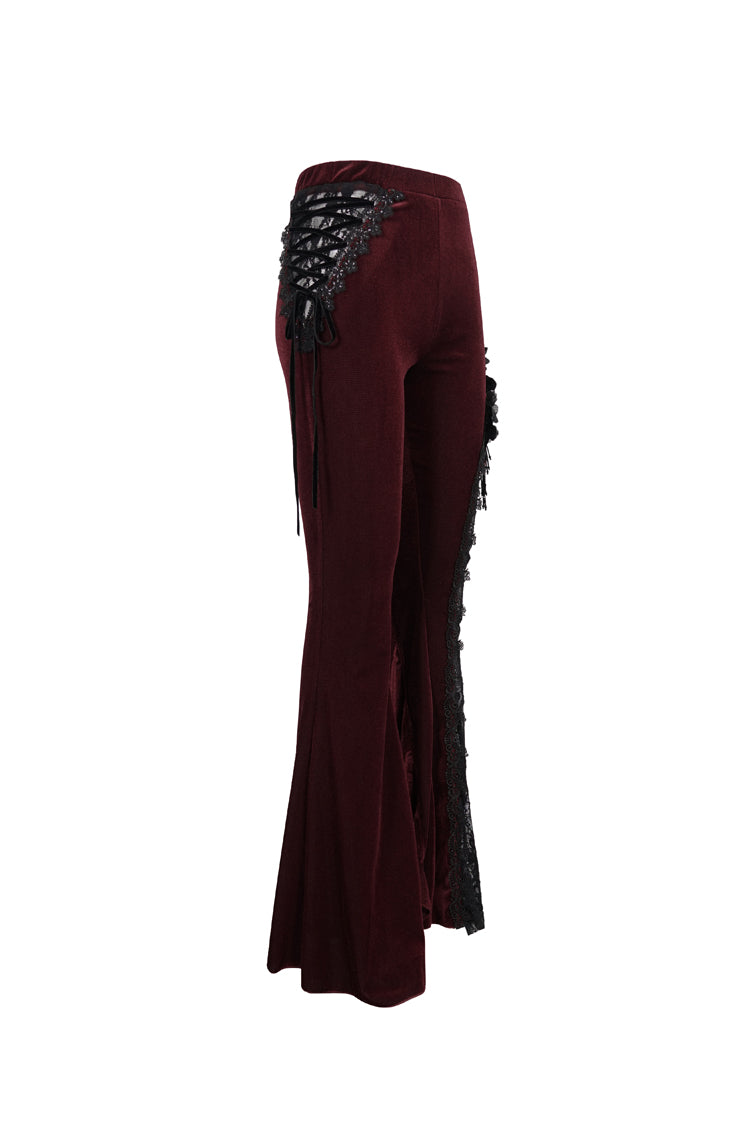 Red Velvet Single Side Stitching Rose Net Side Rope Decoration Asymmetric Pattern Flare Women's Gothic Pants