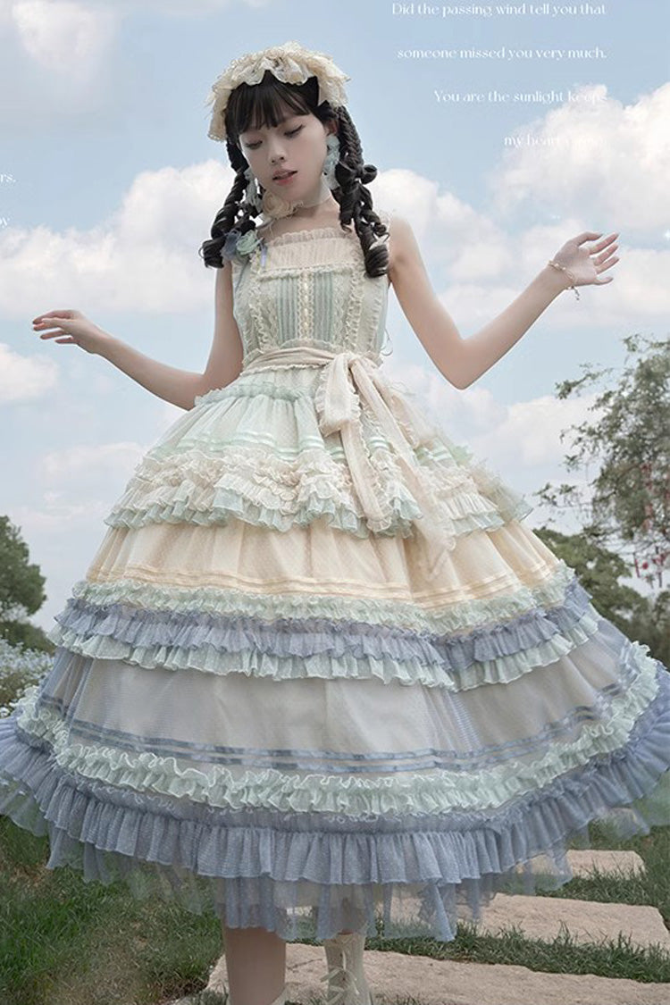 Rainbow Cloud Gradient Triple-Layered Ruffle Bowknot Sweet Lolita Jsk Dress 2 Colors
