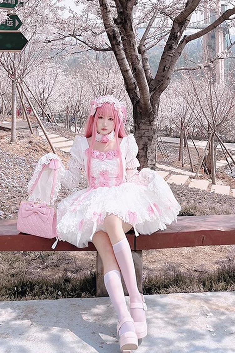White/Pink Puff Short Sleeves Princess Gothic Lolita Tiered Dress