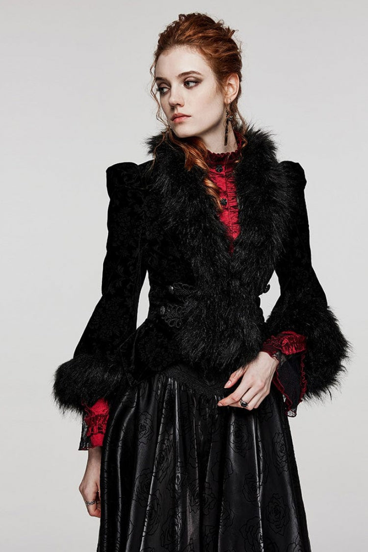 Women's V Collar Long Sleeves Faux Fur Stitching Gothic Coat 4 Colors